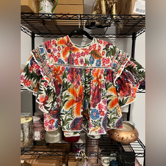 FARM RIO Ruffled Floral-Print Cotton Top, SMALL NWOT - Picture 5 of 7